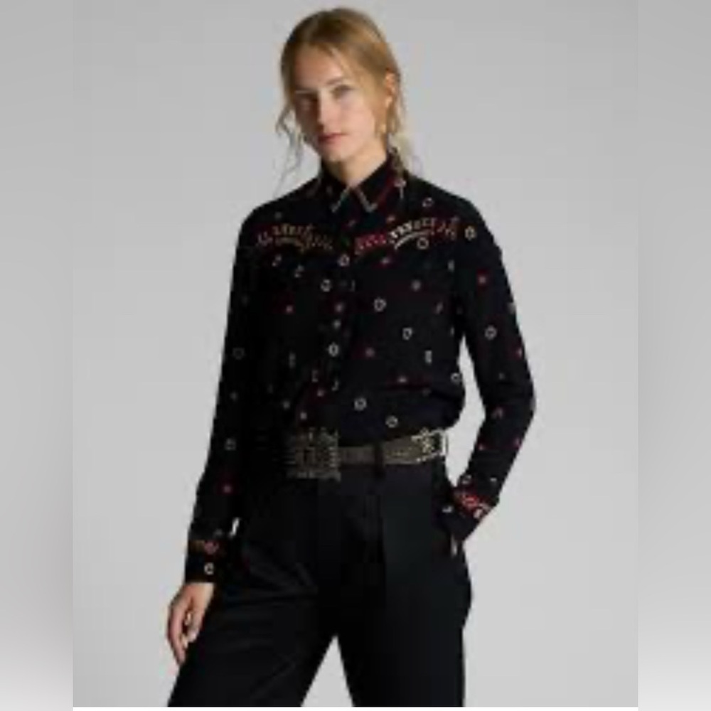 RRL Ralph Lauren Western Embroidered Georgette Blouse Black Red 2 - Picture 2 of 12